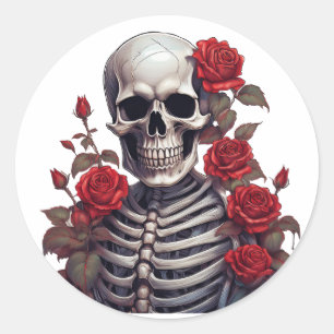 Skelet met rode rozen ronde sticker