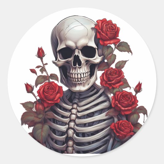 Skelet met rode rozen ronde sticker (Voorkant)
