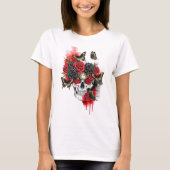 Skelet met rode zwarte Rozen en vlinders T-shirt (Voorkant)