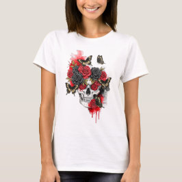 Skelet met rode zwarte Rozen en vlinders T-shirt