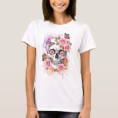 Skelet met roze rozen en vlinders t-shirt (Voorkant)