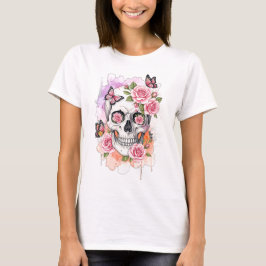 Skelet met roze rozen en vlinders t-shirt