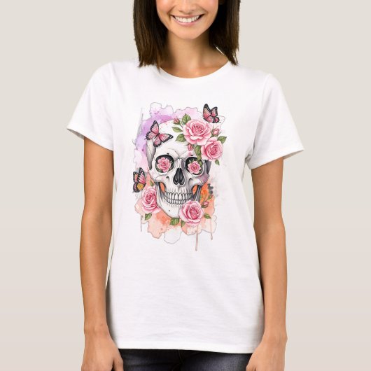Skelet met roze rozen en vlinders t-shirt (Voorkant)