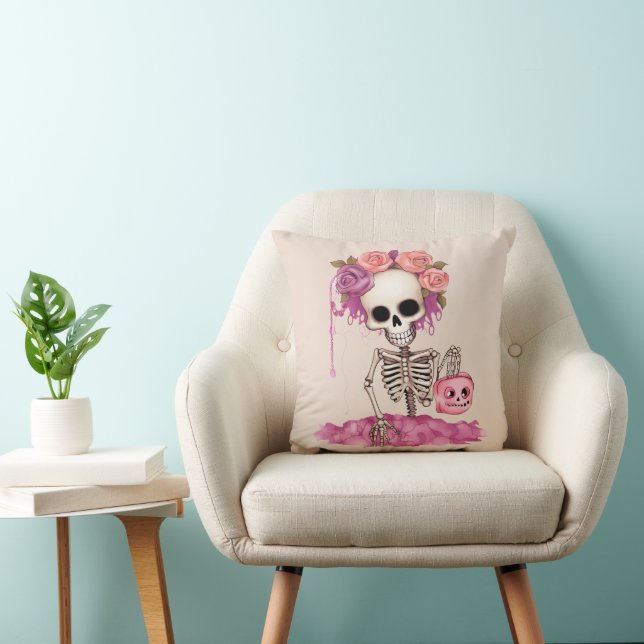 Skelet met rozenkroon crème gekleurde Halloween Kussen (Stoel)