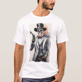 Skelet met smoking met revolver t-shirt