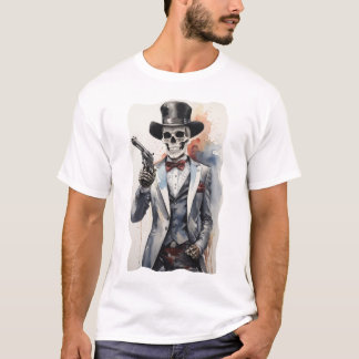 Skelet met smoking met revolver t-shirt