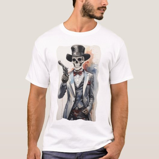 Skelet met smoking met revolver t-shirt (Voorkant)