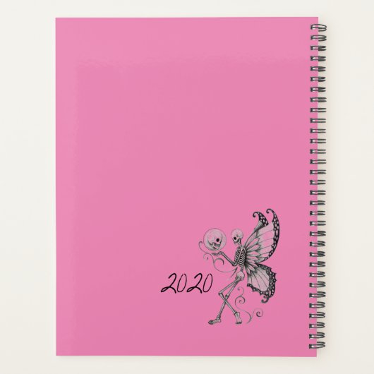 Skelet met vlindervleugels op roze planner (Achterkant)