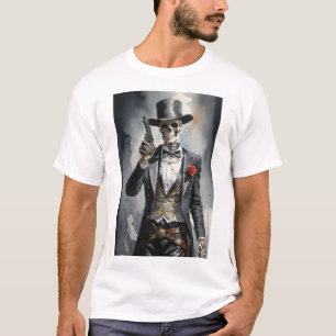 Skelet met zwarte smoking met revolver t-shirt