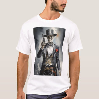 Skelet met zwarte smoking met revolver t-shirt