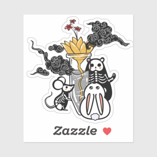 Skelet Muis Panda & Gouden Bloem Zen Sticker (Vel)