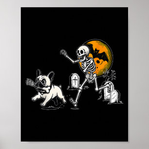 Skelet najagende Franse Bulldog Halloween Hond Moe Poster