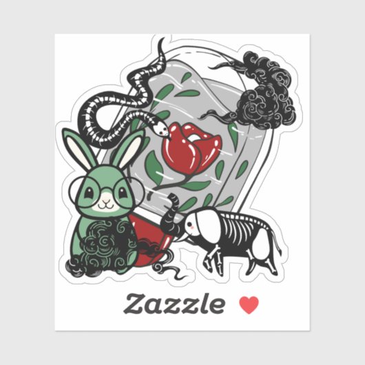 Skelet Olifant & Geeky Goth Konijn Kunst Sticker (Vel)