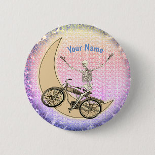 Skelet op de fiets speld ronde button 5,7 cm