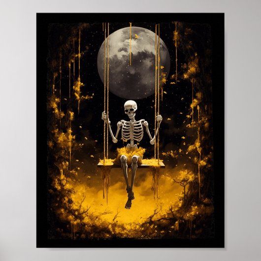 skelet op de schommel in de boszaal poster (Voorkant)