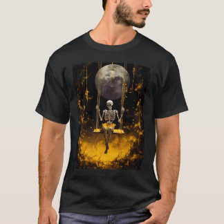  skelet op de schommel in de boszaal t-shirt