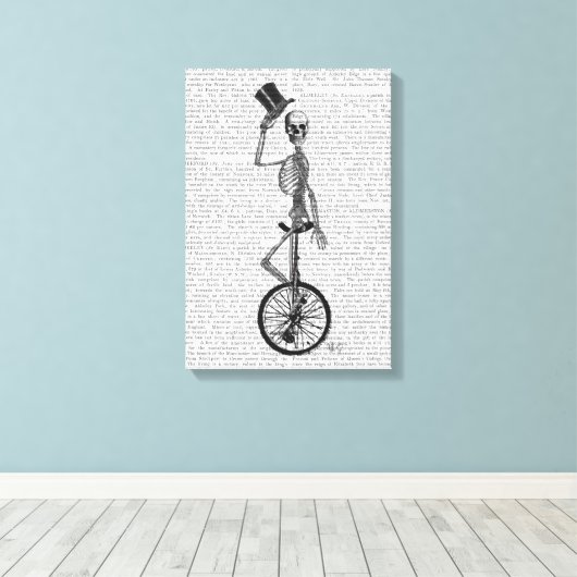 Skelet op de Unicycle Canvas Afdruk (Insitu (Houten vloer))
