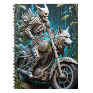 skelet op een chopper met een wolfskop erop notitieboek