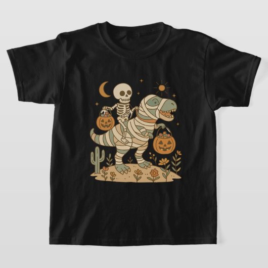 Skelet op een dinosaurus met snoepgoed t-shirt (Laagn)