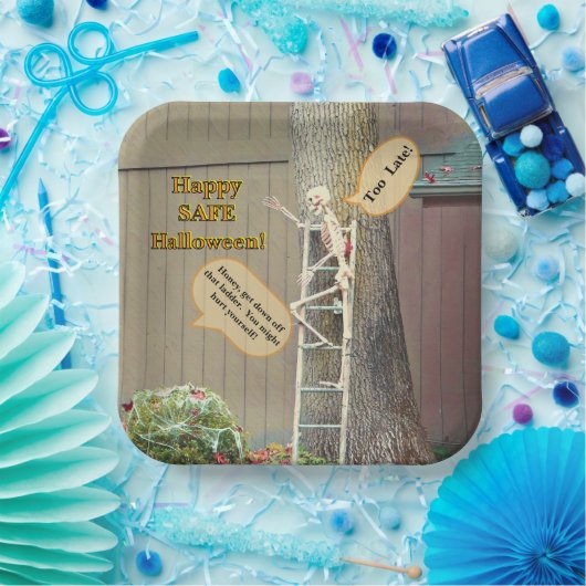 SKELET OP LADDER/VROUW VERMANING PAPIEREN BORDJE (Feest)