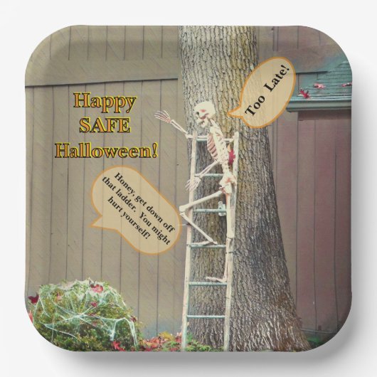 SKELET OP LADDER/VROUW VERMANING PAPIEREN BORDJE (Voorkant)