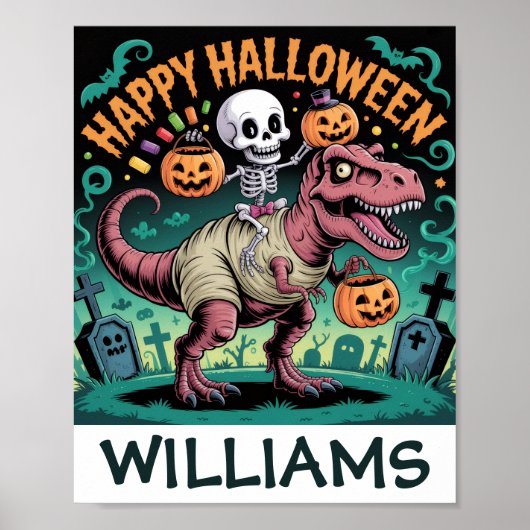 Skelet op Mummie T-Rex – Griezelige Dino Ruiter Poster (Voorkant)