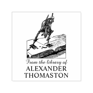 Skelet op stelten lopen op naam boekenbibliotheek  zelfinktende stempel