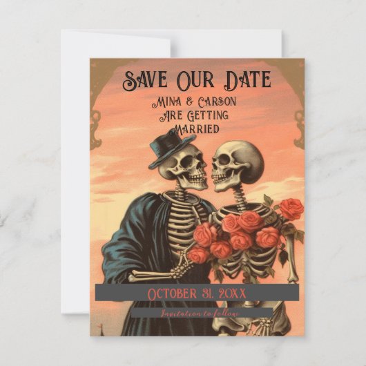  Skelet Paar Gothic Halloween Foto Save The Date (Voorkant)