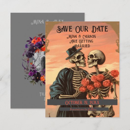  Skelet Paar Gothic Halloween Foto Save The Date (Voorkant / Achterkant)