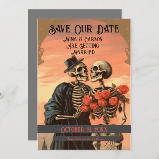 Skelet Paar Gothic Halloween Save The Date (Voorkant / Achterkant)