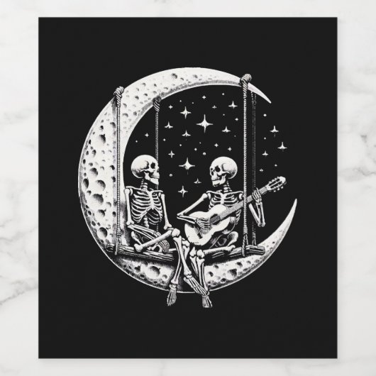Skelet Paar Maan Gitaar Wijn Etiket (Enkel label)