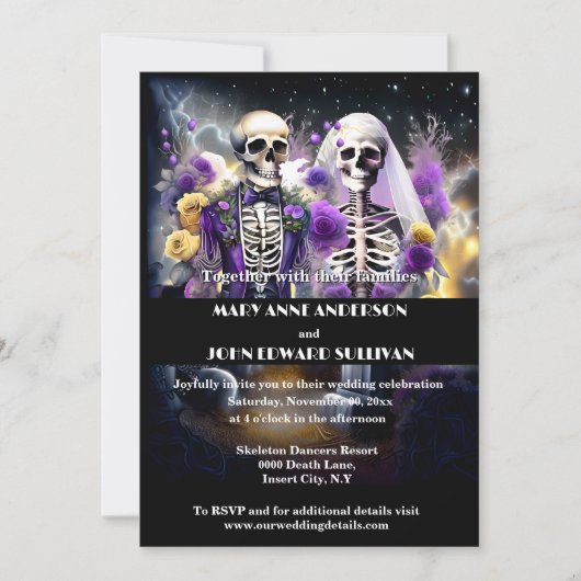 Skelet paar paarse gele bruiloft kaart (Voorkant)