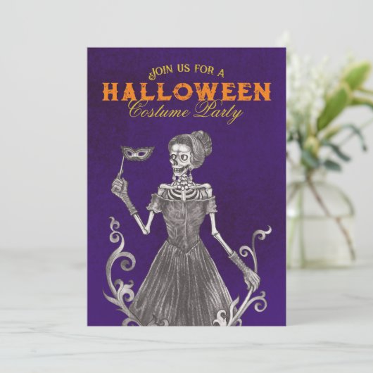 Skelet Paarse Halloween Feestuitnodiging Kaart (Staand voorkant)