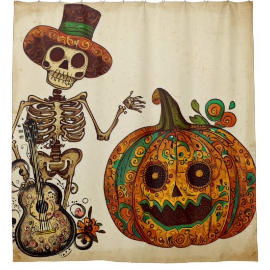 Skelet/Pompoen Dag van de Doden Douchegordijn (Voorkant)