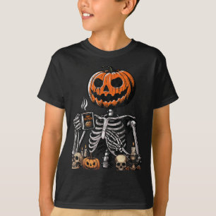 Skelet Pompoen Koffie Drinken Grappige Halloween T-shirt