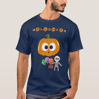Skelet & Pompoen met grote ogen Halloween-ballonne T-shirt