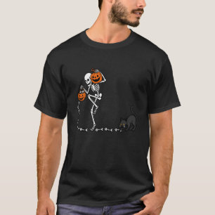 Skelet Pompoen Zwarte Kat Halloween Grappig Grieze T-shirt