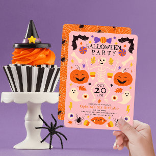 Skelet Pompoenen Geesten Roze Halloween Verjaardag Kaart