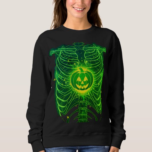 Skelet Ribcage Pompoen Glow Halloween Sweatshirt (Voorkant)