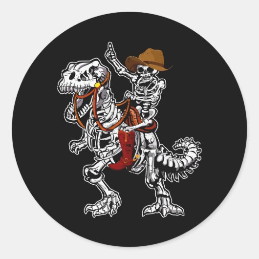 Skelet Rides Dinosaurussen Skelet Cowboy Bone Hall Ronde Sticker (Voorkant)