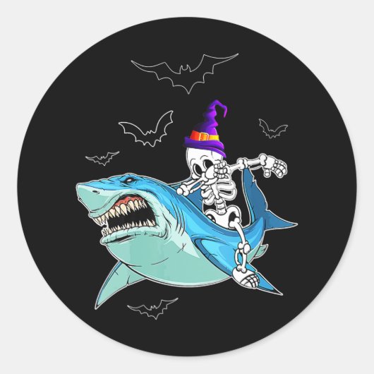 Skelet Riding Shark Funny - Crazy Halloween Gift Ronde Sticker (Voorkant)