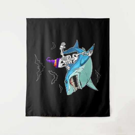 Skelet Riding Shark Funny - Crazy Halloween Gift Wandkleed (Voorkant)