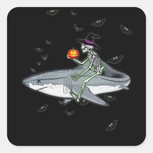 Skelet Riding Shark - Funny Halloween Shark Gift Vierkante Sticker