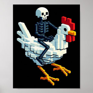 Skelet rijdend kip blok stijl pixel art gami poster