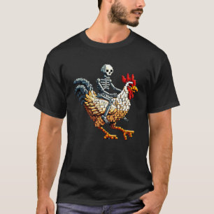 Skelet rijdend kip blok stijl pixel art gami t-shirt