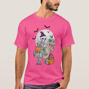 Skelet rijdend op Dinosaurus Rex Halloween Jongens T-shirt