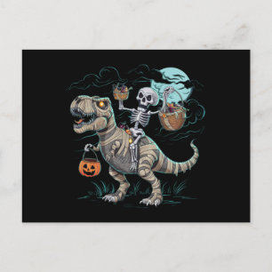 Skelet rijdend op dinosaurus T rex halloween pompo Briefkaart
