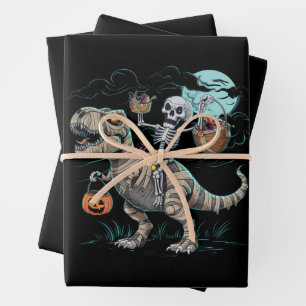 Skelet rijdend op dinosaurus T rex halloween pompo Inpakpapier Vel