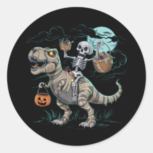 Skelet rijdend op dinosaurus T rex halloween pompo Ronde Sticker