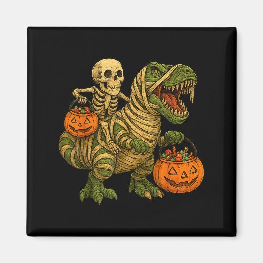 Skelet rijdend op mummie dinosaurus T Rex Hallowee Magneet (Voorkant)